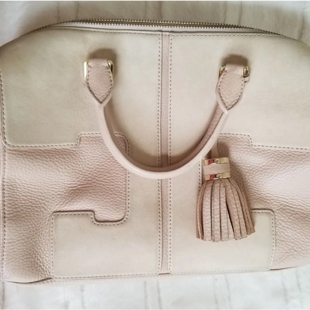 Tory Burch Light Oak Pinkish Leather Suede Classic T Bowler Handbag Purse